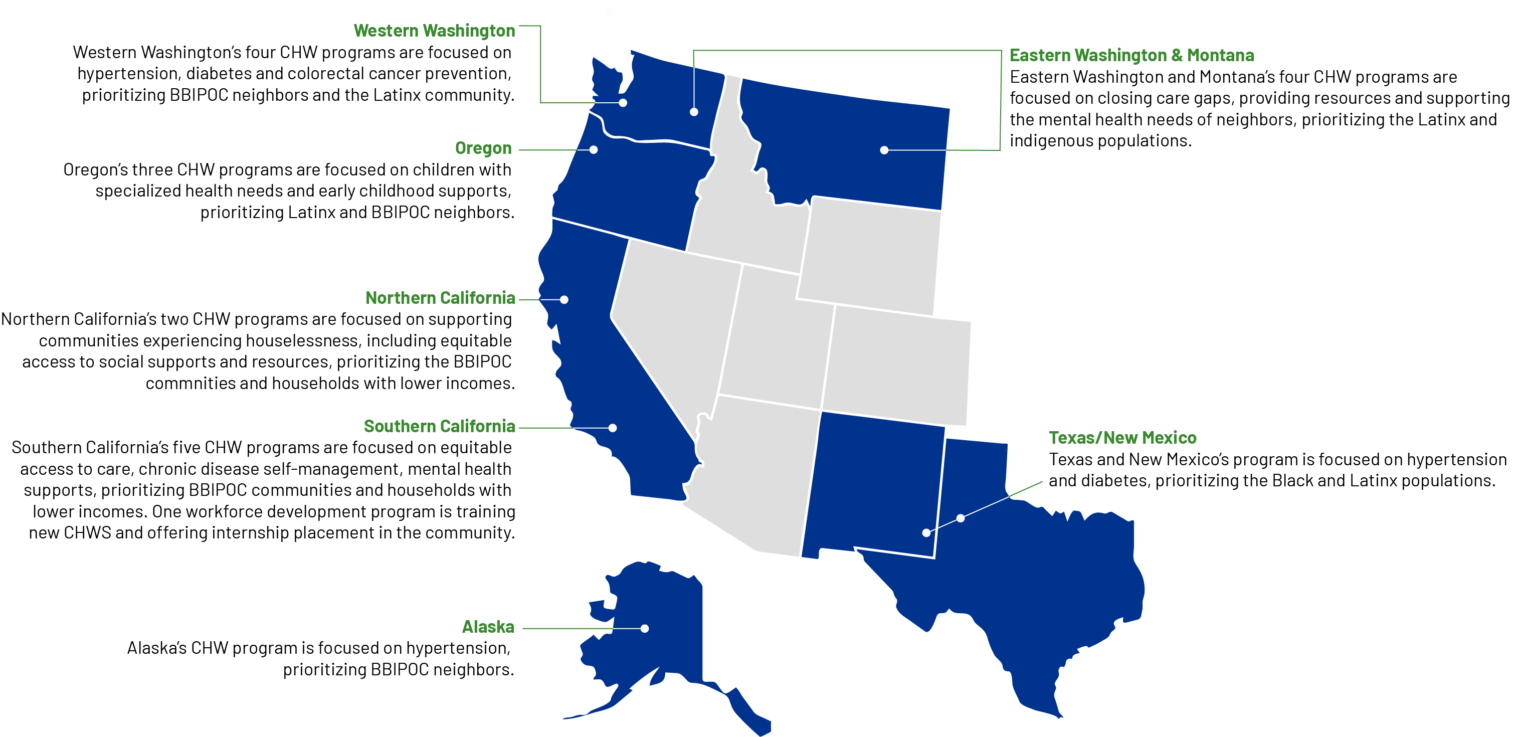 Map showing Community  Health Workers in Washington, Oregon, California, Alaska, Montana, Texas, and New Mexico