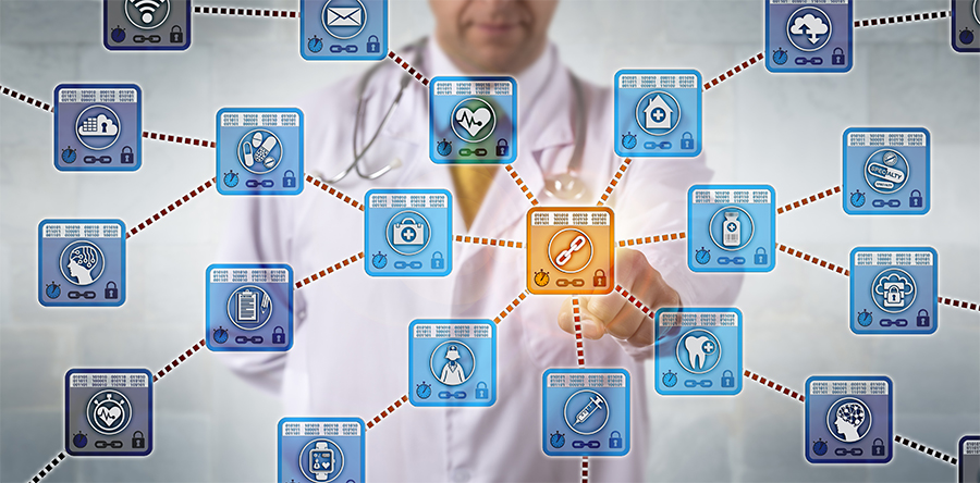 Health care icons showing dotted line interconnectedness