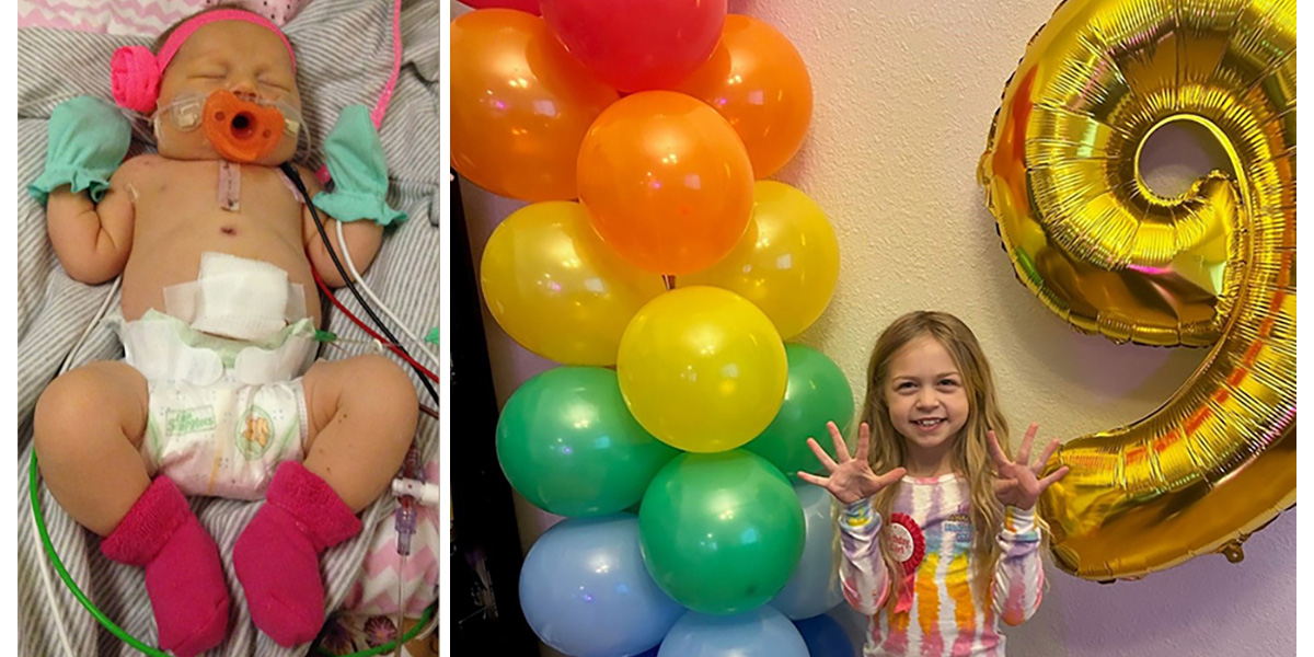 Elliott on left, baby girl connected to life-saving medical equipment; on right smiling girls holding up 9 fingers next to 9 balloon