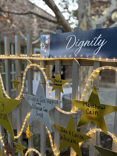 Light Up a Life Christmas lights and starts with names written on them.